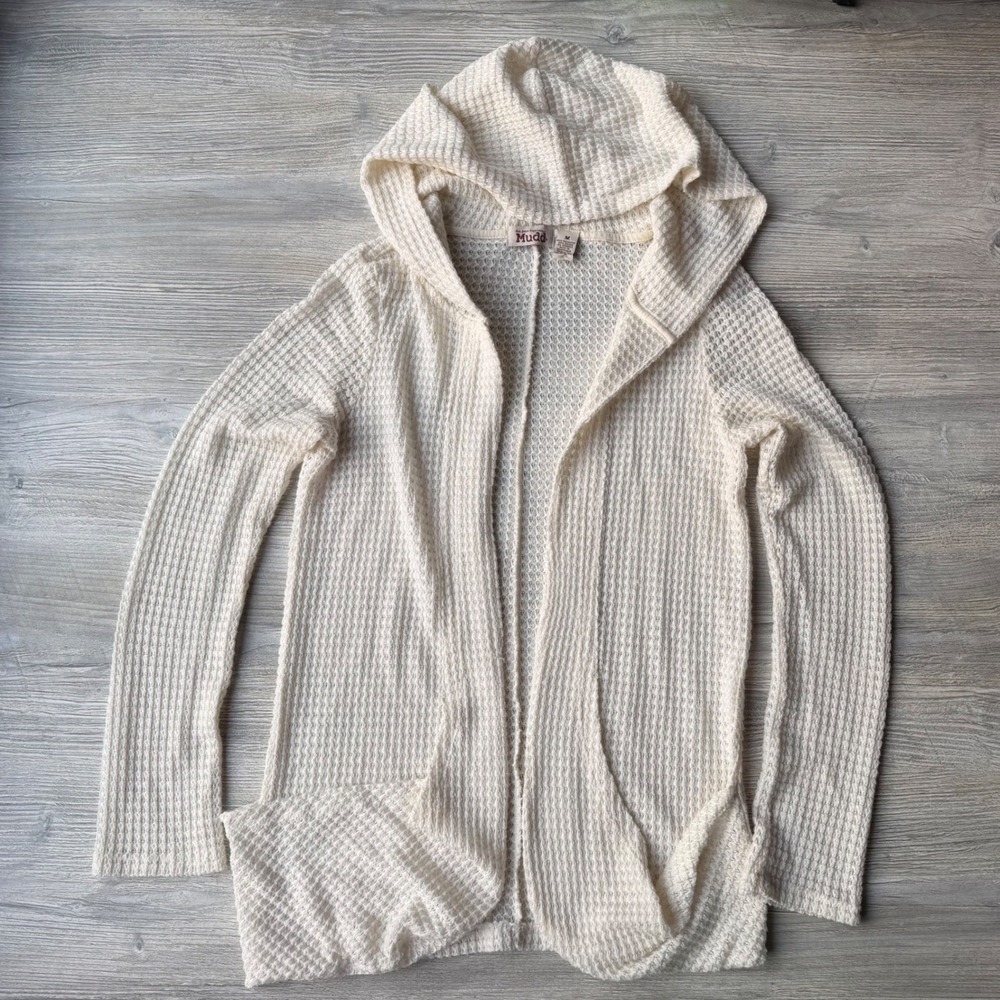 Mudd Waffle Knit Hooded Cardigan Cream Open Front Sweater Granola Girl Boho M